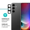 A close-up of a smartphone's rear camera module and a portion of its screen, with text describing camera glass protection. Produktbild-Vorschau