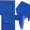A collage of four close-up images of a blue metal nightstand, showing details of its construction and features. Podgląd zdjęcia produktu