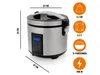 A digital rice cooker and steamer with dimensions and feature icons. Produktbild-Vorschau