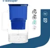 A water filter pitcher with a blue filter insert and clear glass pitcher filled with water. It is shown with different colored filter options on the right side, along with EU and BPA-Free badges. Produktbild-Vorschau