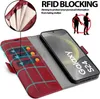 A red flip case for a Samsung Galaxy S24 phone, showing its card slots and RFID blocking feature. Produktbild-Vorschau