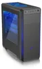 A black computer tower with blue LED lighting. Produktbild-Vorschau