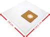A white vacuum cleaner bag with a brown cardboard attachment is shown from a diagonal angle, with red arrows indicating dimensions. Produktbild-Vorschau