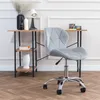 A light gray upholstered office chair is positioned next to a wooden desk with shelves. Podgląd zdjęcia produktu