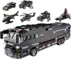 A collage of various police-themed toy vehicles, including a large bus, helicopters, and smaller vehicles, all constructed from building blocks. Náhled obrázku produktu