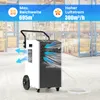 A commercial dehumidifier is shown in a warehouse setting, with blue arrows indicating airflow and text overlays highlighting its features. Produktbild-Vorschau