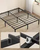 A black metal bed frame shown from a high angle with close-up inserts detailing assembly components. Produktbild-Vorschau
