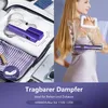 A split image showing a portable garment steamer packed in a suitcase and a woman carrying it in a clear bag. Produktbild-Vorschau