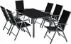 A black glass-topped dining table with six gray metal-framed chairs with black fabric seats and backs, set against a white background. Voir les images du produit