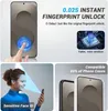 Collage of marketing images for a phone screen protector, showing fingerprint unlock, face ID, and case compatibility. Produktbild-Vorschau