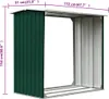 A green and silver metal log store with dimensions indicated by purple lines and text. Náhled obrázku produktu