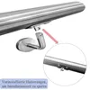 Close-up of a stainless steel handrail bracket being attached to the handrail, with an inset showing a detail of the pre-installed bracket. Produktbild-Vorschau