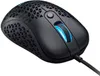 A black gaming mouse with a honeycomb design and blue LED lighting. Podgląd zdjęcia produktu