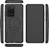 A black phone case with a kickstand is shown from multiple angles. Produktbild-Vorschau