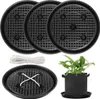A set of four black plant saucers and a white rope are displayed on a white background, along with a black fabric pot containing a green plant. Produktbild-Vorschau