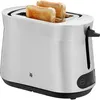 A silver toaster with two slices of toast in it, on a white background. Produktbild-Vorschau
