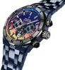 A close-up, angled shot of a Festina Chrono Bike men's watch with a colorful dial and a blue metal band, set against a white background. Voir les images du produit