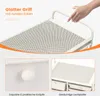 Close-up of a white rolling cart with a hand holding the handle, and inset images showing a drawer knob and the perforated top surface. Podgląd zdjęcia produktu
