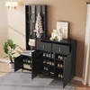 A black entryway storage set with a coat rack, bench, and shoe cabinet, displayed in a room setting. Produktbild-Vorschau
