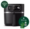 A black Philips air fryer with a digital display and a handle, shown with promotional overlays indicating Wi-Fi connectivity and a mobile app. Podgląd zdjęcia produktu