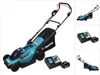 A collage of images showing a teal and black Makita cordless lawnmower, batteries, and a charger. Podgląd zdjęcia produktu