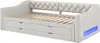 A beige upholstered daybed with a tufted headboard and three drawers underneath. Blue LED lighting is visible on the side. Voir les images du produit