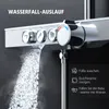Close-up of a modern shower faucet with water flowing from the waterfall spout and icons indicating its functions. Podgląd zdjęcia produktu
