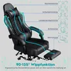 A black gaming chair with diagrams and text highlighting its ergonomic features and reclining function. Produktbild-Vorschau