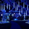A house decorated with blue Christmas lights, including icicle lights hanging from trees and bushes, snowflakes, and a wreath. A blue convertible with a Santa figure inside is parked in the driveway. Produktbild-Vorschau