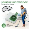 A woman is vacuuming a carpet while vacuum cleaner accessories are displayed in the foreground. Produktbild-Vorschau