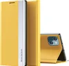 A yellow flip phone case is shown standing upright, with a second phone case open and displaying a phone with a camera module. Produktbild-Vorschau