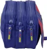 Close-up view of a blue pencil case with multiple zippers. Podgląd zdjęcia produktu