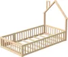 A wooden bed frame with a house-like structure and safety rails, shown from a diagonal angle against a white background. Náhľad obrázku produktu