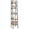 A tall, narrow bookshelf with five shelves, displaying decorative items and books. Podgląd zdjęcia produktu