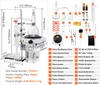 A diagram of a distillation set with various components labeled and dimensions provided, alongside a list of included items. Náhled obrázku produktu