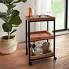 Chariot de service à roulettes, 3 étagères en bois d'acacia Voir les images du produit 2