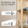 A close-up view of a glass display cabinet with text overlays highlighting features. Produktbild-Vorschau