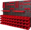 A wall-mounted storage system with multiple red bins and tool holders. Anteprima dell’immagine prodotto