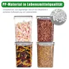 Four clear plastic food storage containers filled with different food items, arranged in a 2x2 grid. Text overlays highlight product features. Produktbild-Vorschau