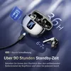 A pair of wireless earbuds and their charging case are displayed on a blue background, with text highlighting features and specifications. Produktbild-Vorschau