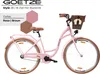 A pink city bike with a basket and text overlays. Produktbild-Vorschau