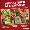 Three men using chainsaws in different settings: garden/tree care, cutting firewood, and workshop/construction. Produktbild-Vorschau