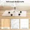 A clear office chair mat is shown on a wooden floor, with three smaller images below showing different styles of flooring: wood, marble, and tile. Produktbild-Vorschau