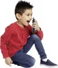 A young boy is kneeling and holding a walkie-talkie to his mouth, appearing to speak into it. Produktbild-Vorschau