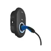 A black electric vehicle charging station mounted on a wall with a blue charging cable plugged in. Produktbild-Vorschau
