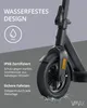 Close-up of the front wheel and fender of a black electric scooter, with marketing text and icons. Produktbild-Vorschau