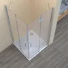 A corner shower cabin with glass doors and a white shower tray, set against a light wood-paneled wall and a wooden floor. Produktbild-Vorschau