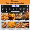 A collage of images showing food and the control panel of an air fryer. Produktbild-Vorschau