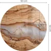 A round glass tabletop with a natural wood and resin design, with size indicators. Podgląd zdjęcia produktu