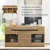 A modern wooden sideboard with storage compartments, displayed in a room setting with decorative items and a large abstract artwork in the background. Produktbild-Vorschau